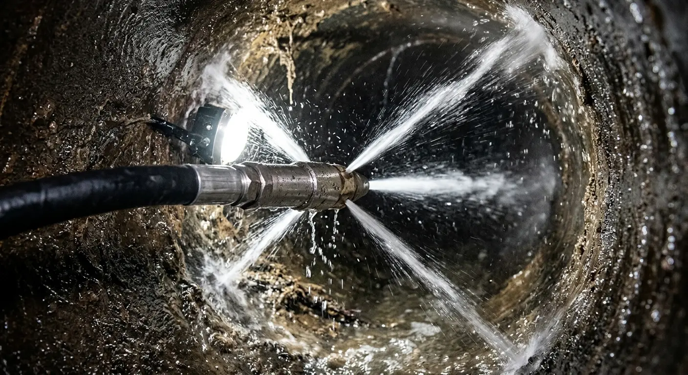 High-pressure hydro jetting nozzle cleaning sewer pipe for Emergency Drain Service in Lakeside