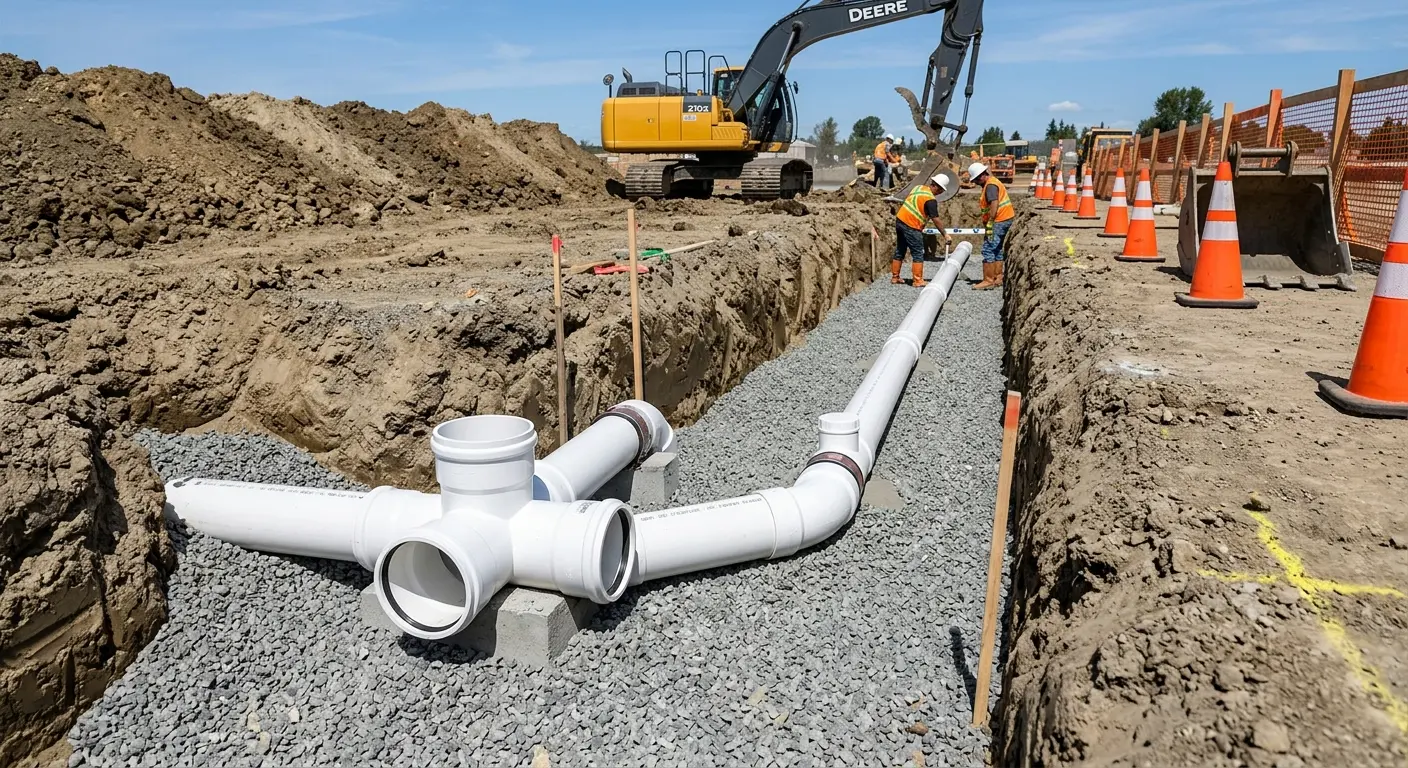 New PVC sewer pipe installation in open trench for Commercial Drain Cleaning in Lakeside