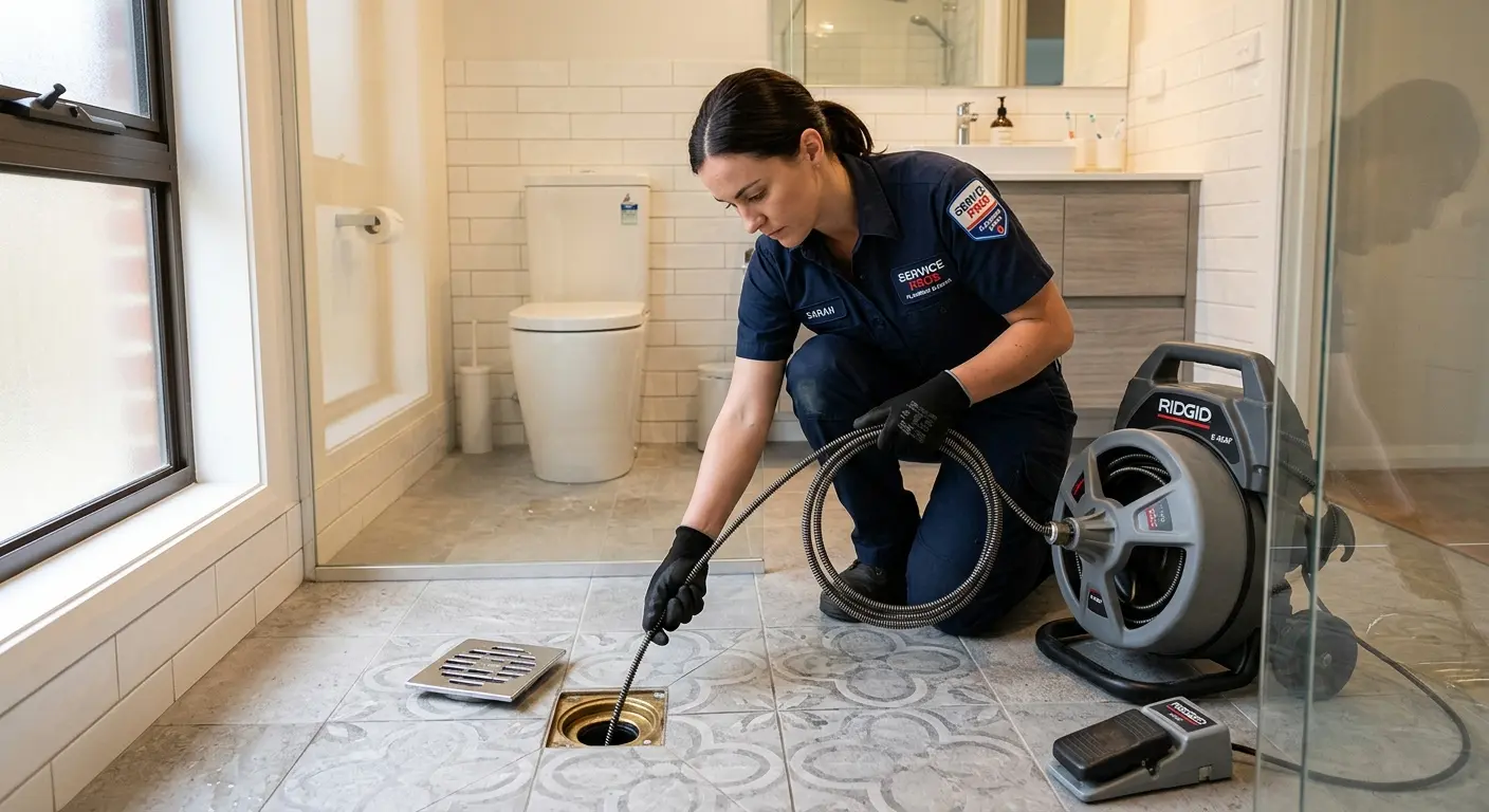 Technician clearing a bathroom floor drain for Clogged Drain Repair in Lakeside
